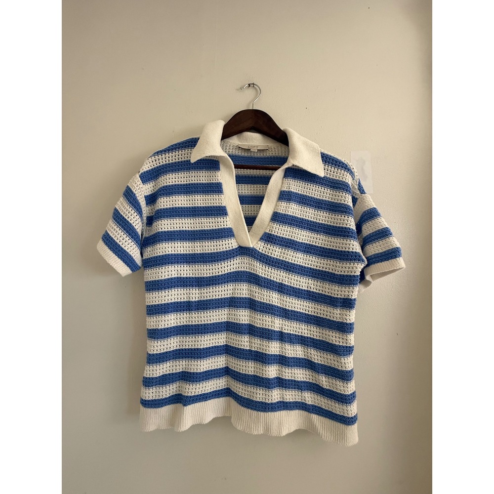 Loft Blue White Striped Knit Polo Top Short Sleeve Crochet Sweater Medium